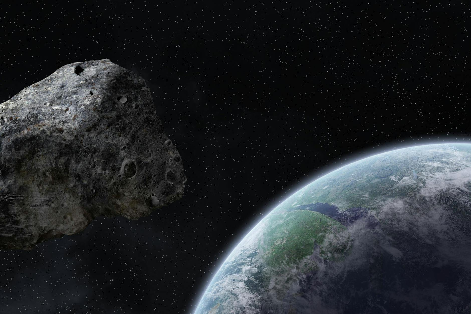 Illustration eines Asteroiden, der nahe der Erde durchs All fliegt.