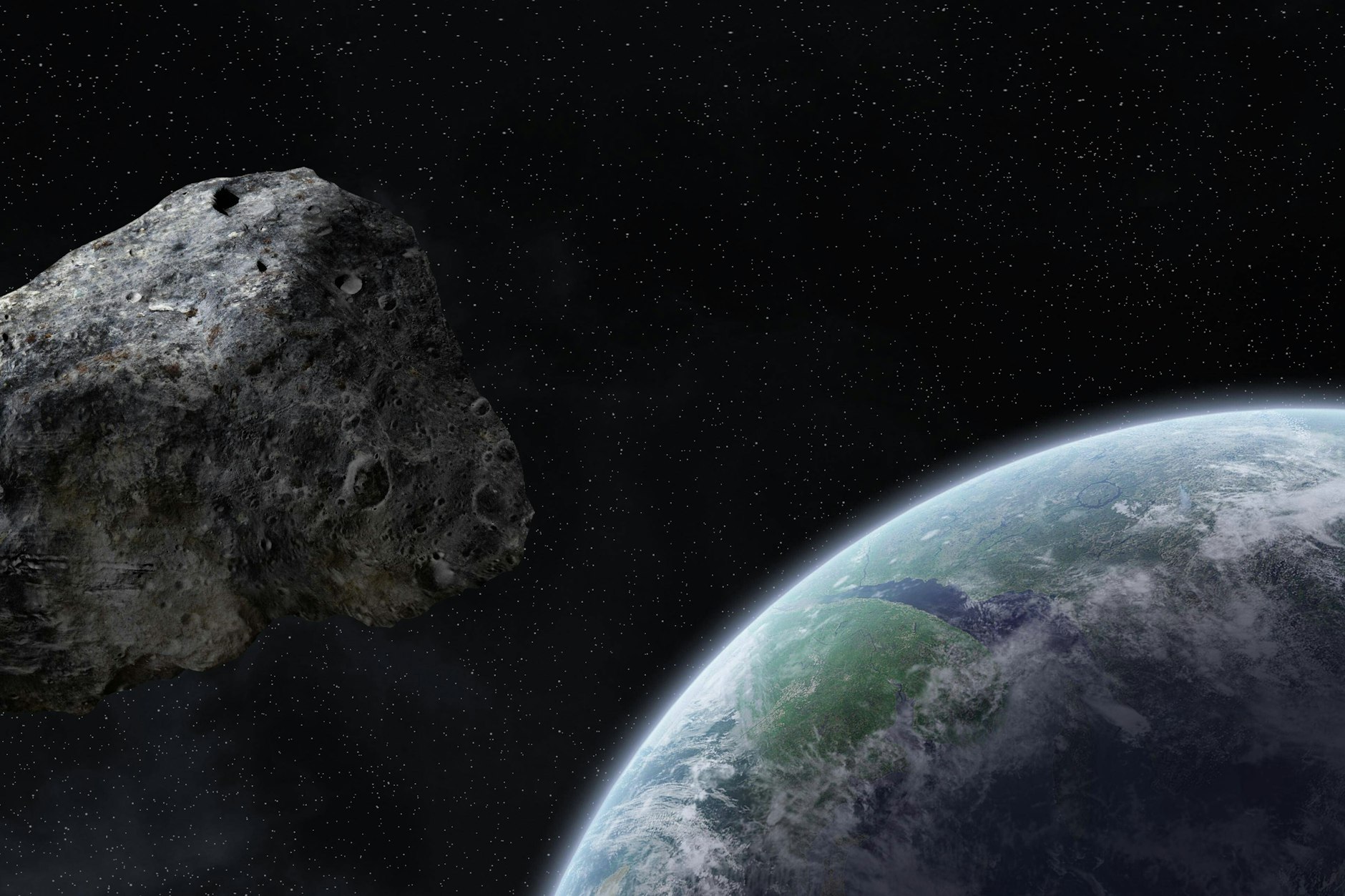 Illustration eines Asteroiden, der nahe der Erde durchs All fliegt.