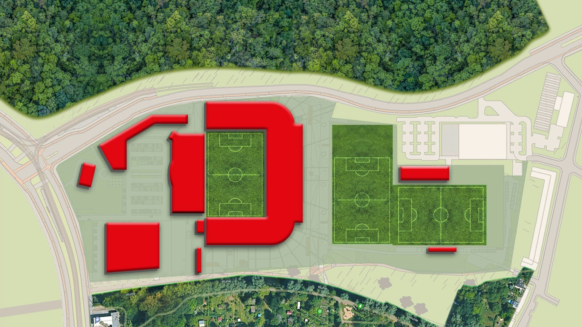 Der Lageplan der neuen Alten Försterei: Rot sind die Neubauten, rechts die neu angelegten Trainingsplätze.