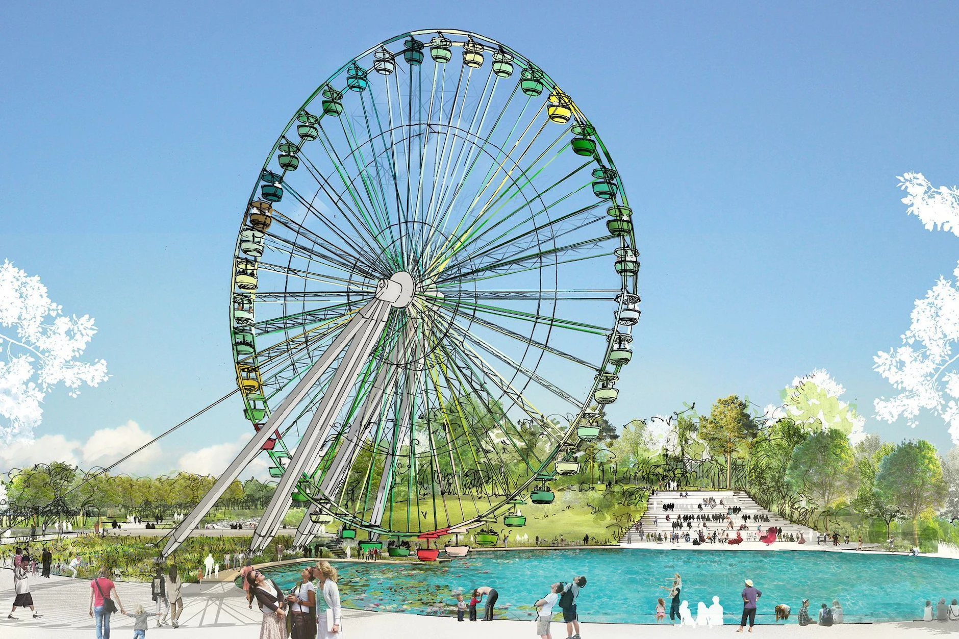 Ein kleiner See, über dem das historische Riesenrad seine Kreise dreht: So soll in Zukunft das Herz des Berliner Spreeparks aussehen.