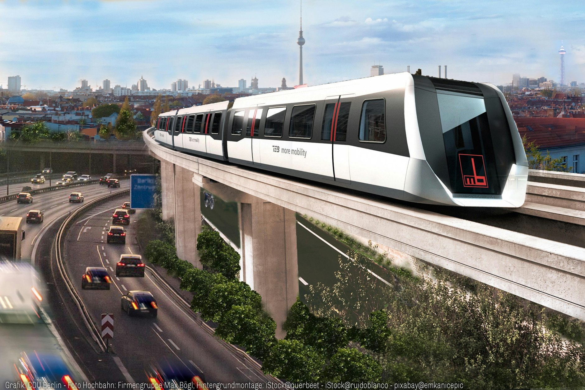 Über der Stadtautobahn zum Flughafen BER: eine frühe Idee für eine Magnetschwebebahn. Seit 2016 wird in Berlin darüber diskutiert.