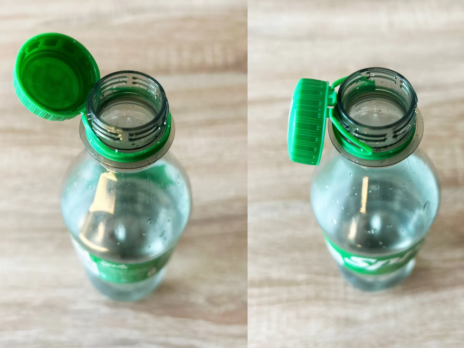 Manche PET-Flaschen haben einen eingebauten Deckelhalter: Der Deckel wird am Plastik-Band einmal komplett über die Flaschenöffnung geschoben, rastet auf der Rückseite ein.