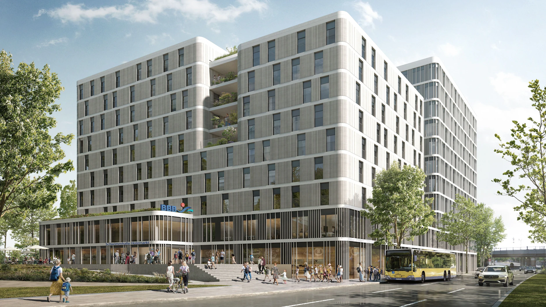 Unten eine Schwimmhalle, darüber Wohnungen und Büros: So konnte das neue Gebäude in der Holzmarktstraße 51 aussehen.