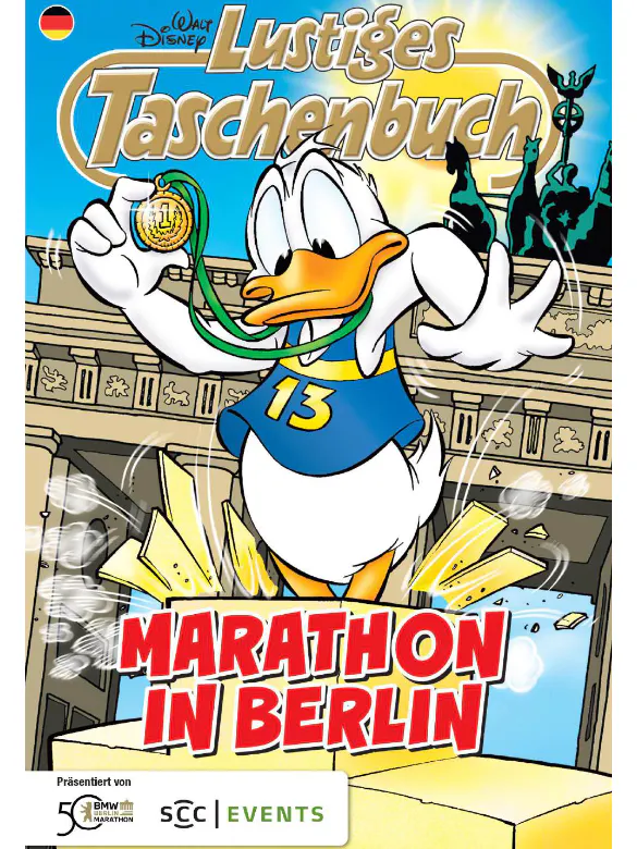 Donald Duck in der Sonderausgabe von „Marathon in Berlin“. Die lustigen Taschenbücher erscheinen alle vier Wochen.
