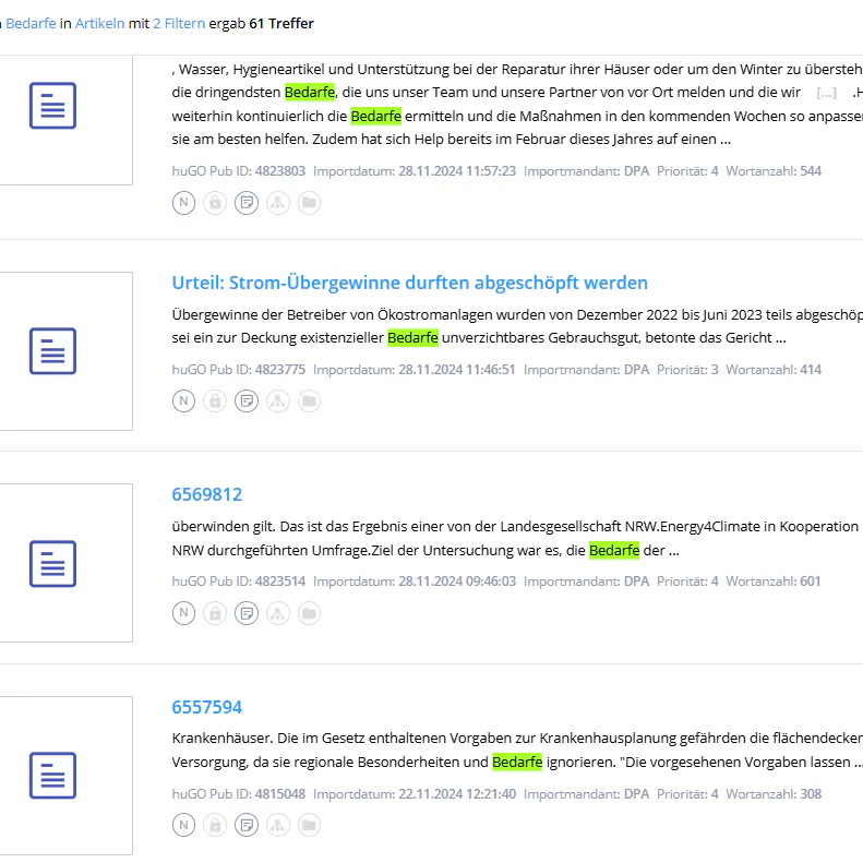 In den dpa-Agenturen werden 61 Treffer bei der Suche nach dem Wort Bedarfe angezeigt.
