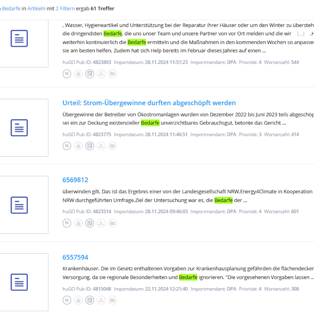 In den dpa-Agenturen werden 61 Treffer bei der Suche nach dem Wort Bedarfe angezeigt.