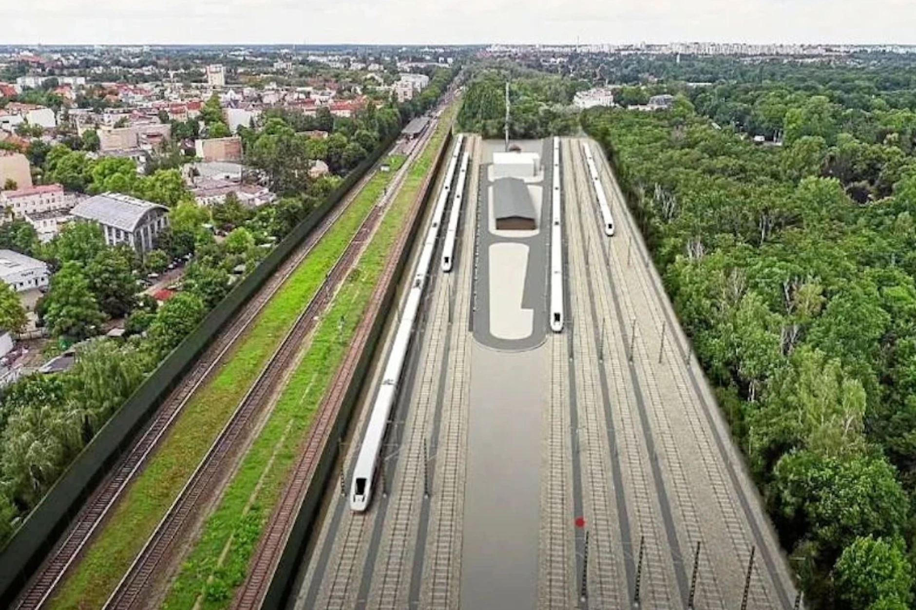 Die Visualisierung zeigt, wie der ICE-Boxenstopp in Berlin-Schönholz aussehen soll. Acht Abstell- und Behandlungsgleise sind geplant.