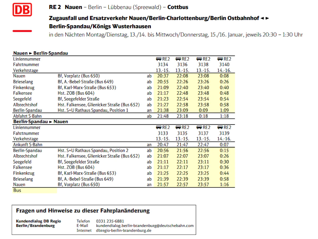 So fährt der Ersatzverkehr zwischen Nauen und Berlin-Spandau.
