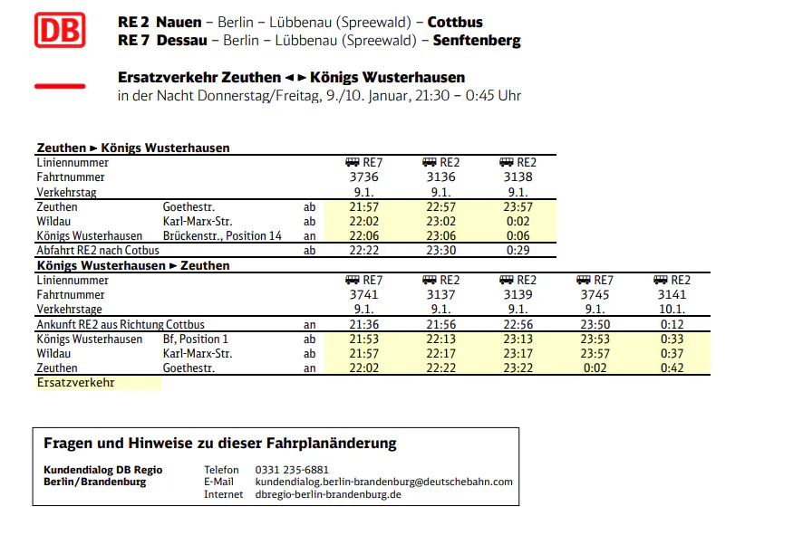 Zwischen Königs Wusterhausen und Zeuthen fahren in der Nacht vom 9. auf den 10. Januar Busse.