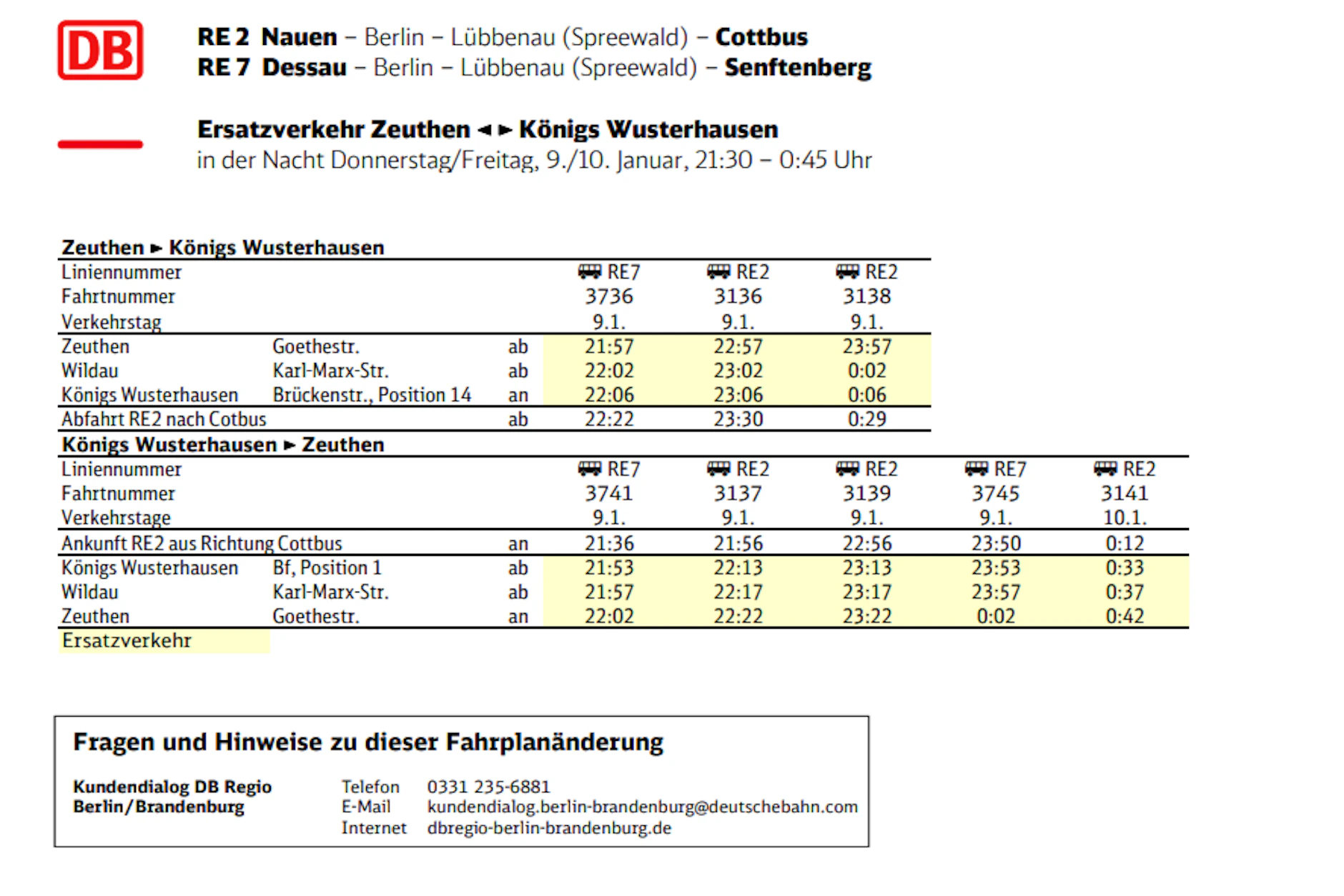 Zwischen Königs Wusterhausen und Zeuthen fahren in der Nacht vom 9. auf den 10. Januar Busse. 