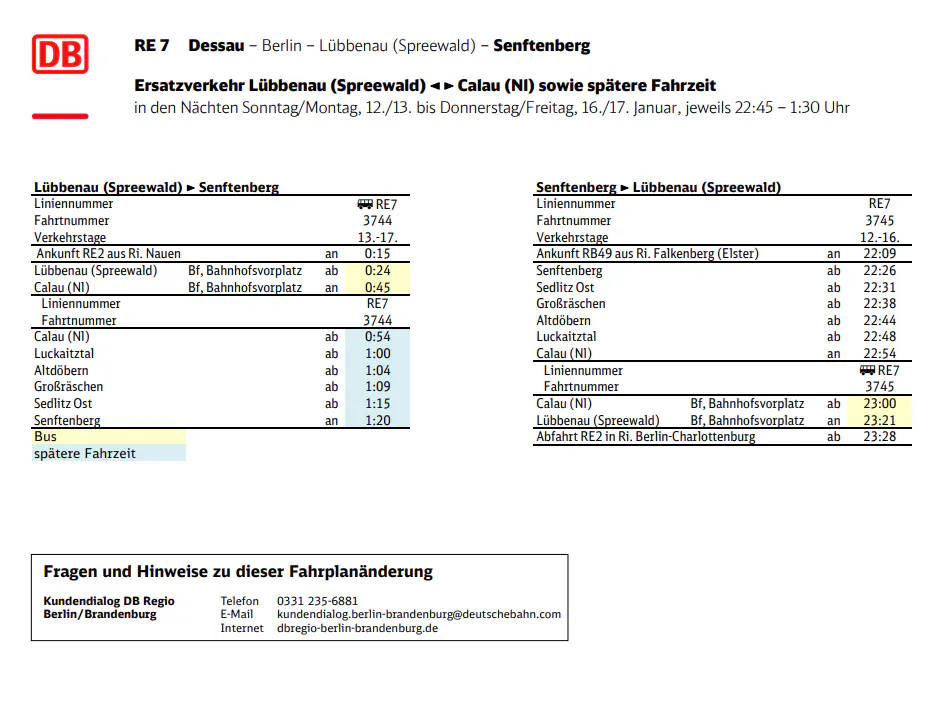 Zwischen Lübbenau und Calau fährt Schienenersetzverkehr.