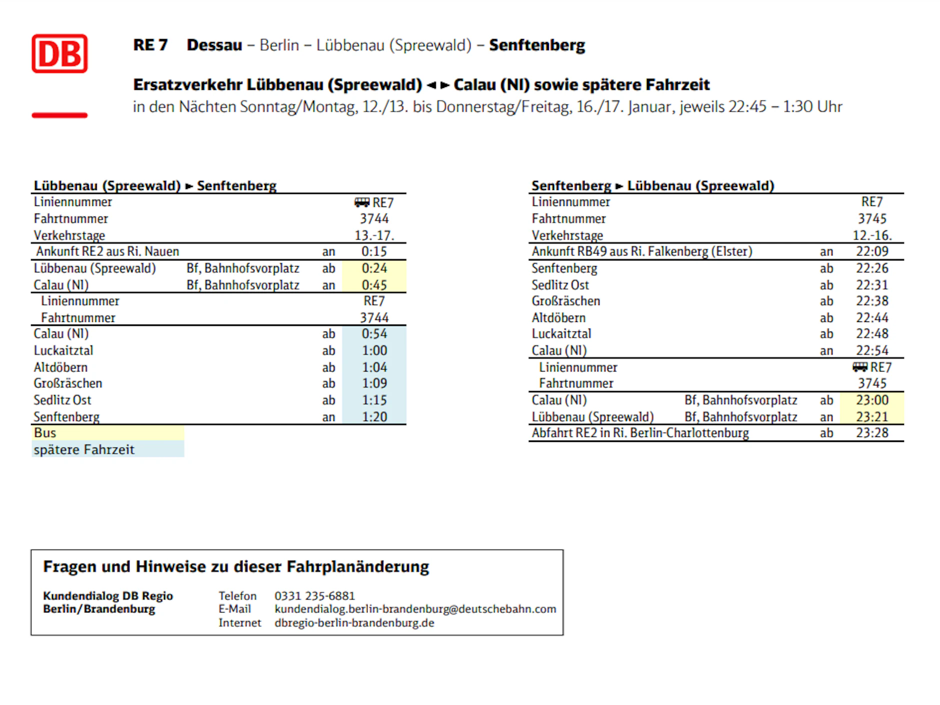 Zwischen Lübbenau und Calau fährt Schienenersetzverkehr.