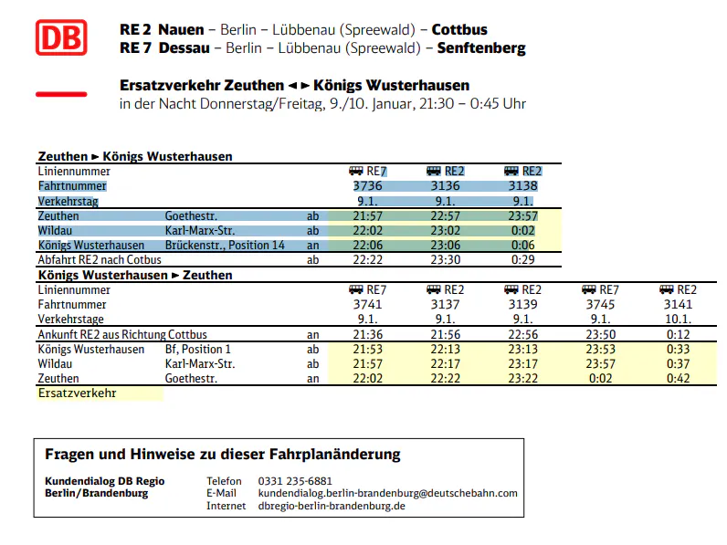 So fährt der Ersatzverkehr zwischen Zeuthen und Königs Wusterhausen für die Linien RE2 und RE7.