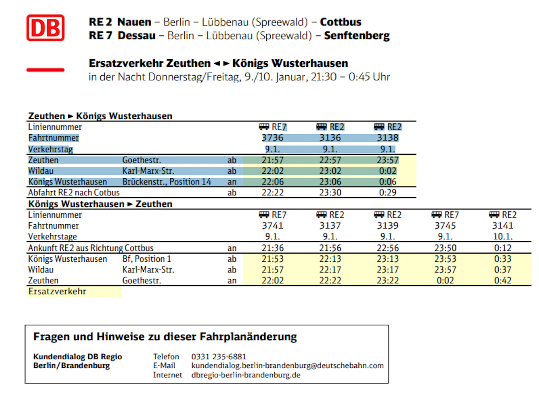 So fährt der Ersatzverkehr zwischen Zeuthen und Königs Wusterhausen für die Linien RE2 und RE7.
