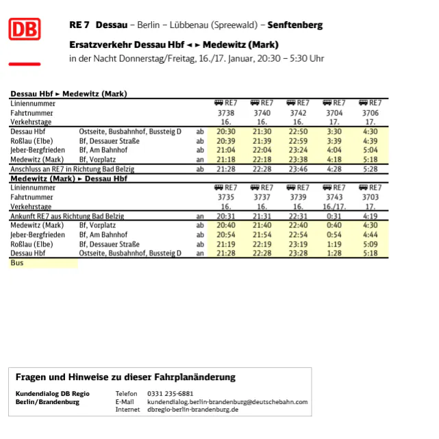 Zwischen Dessau und Medewitz fahren Ersatzbusse.