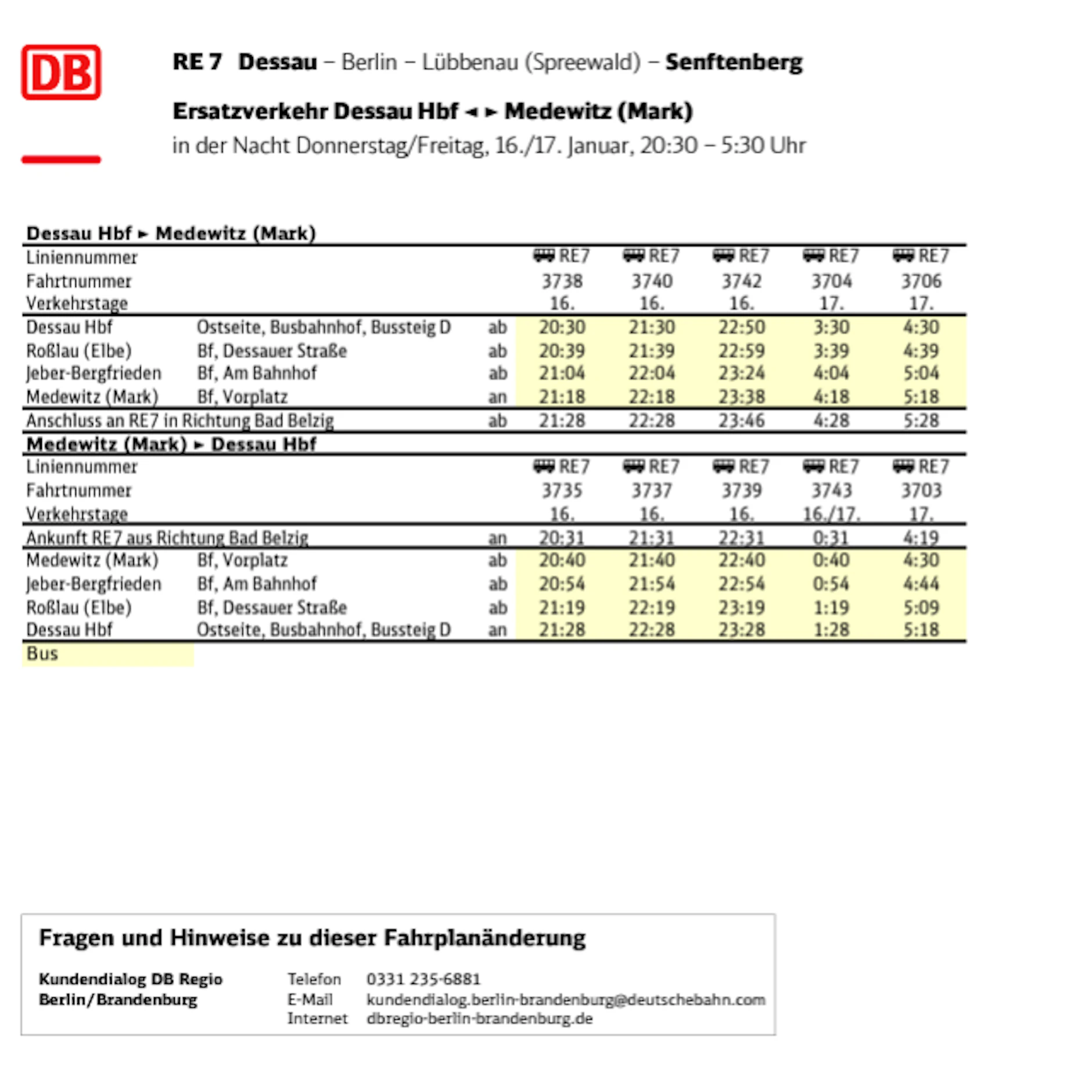 Zwischen Dessau und Medewitz fahren Ersatzbusse.