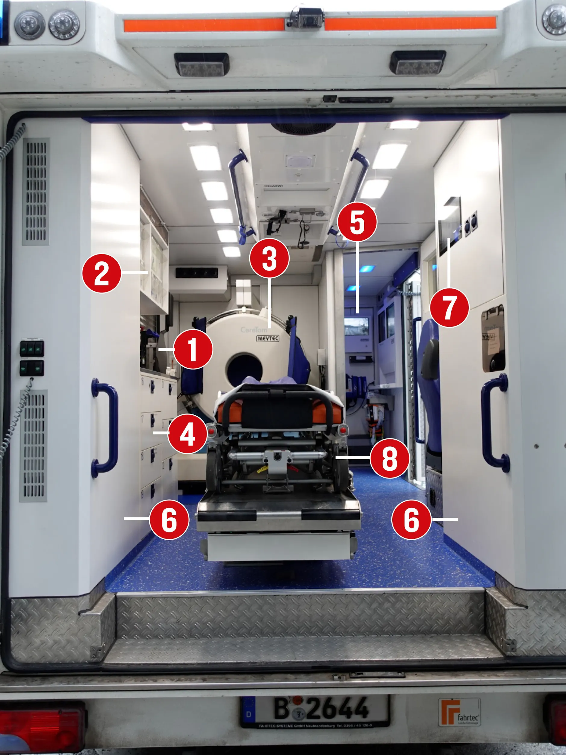 Ein Blick in das Innere des Berliner Stroke-Einsatz-Mobils. <strong>1.</strong> Hier finden ein Perfusor (Spitzenpumpe) und Desinfektionsmittel Platz. <strong>2.</strong> In dem Hochschrank werden Verbände, Kanülen und Sauerstoffmasken verstaut. <strong>3.</strong> der CT-Scanner (300.000 Euro) von Meytec, <strong>4.</strong> In den Fächern werden Medikamente, Röntgenkontrastmittel und Betäubungsmittel (BTM) gelagert. Das BTM-Fach ist verschlossen. <strong>5.</strong> Die Tür ist verbleit. Bei einer CT-Aufnahme ziehen sich die Mediziner hierher zurück und schließen die Tür. Aus dem Raum wird das CT gesteuert, es gibt zwei Monitore zur Überwachung und Platz für Laborgeräte. <strong>6.</strong> In den Schränken findet sich Platz für Bleischürzen und Tragen. <strong>7.</strong> ein Bildschirm für Telemedizin. <strong>8.</strong> die Trage, zugelassen für Patienten bis 150 Kilogramm.