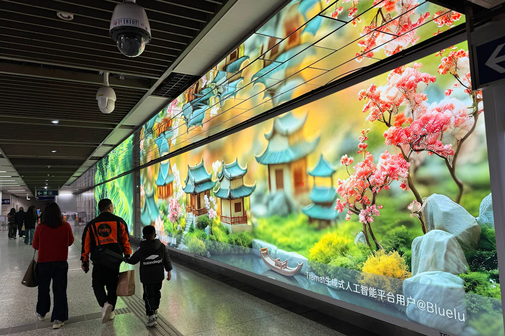 Bürger gehen am 24. November 2024 in Nanjing an einem Bildschirm vorbei, der ein von einer KI erstelltes Gemälde in einer U-Bahn-Station zeigt.