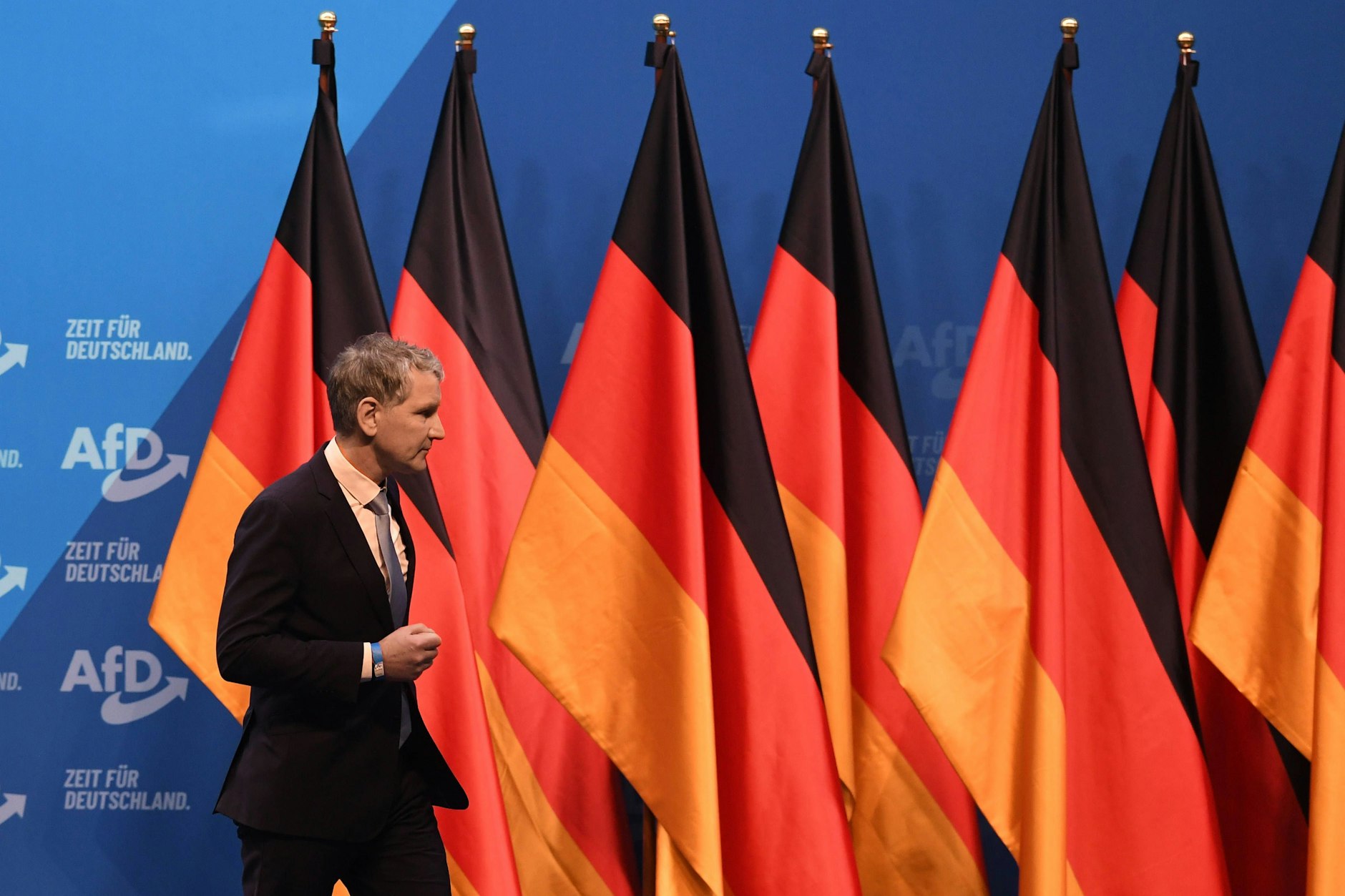 Björn Höcke steht auf dem Bundesparteitag seiner AfD auf der Bühne.