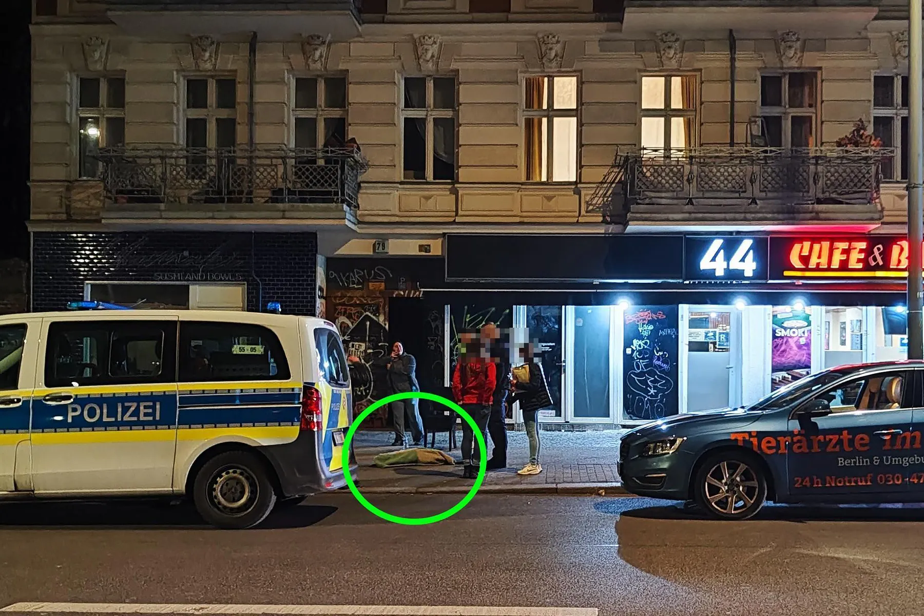 Polizei und Tierärztin sind eingetroffen: Auf der Gehweg liegt der abgestürzte Hund, umringt von den Beamten, der Hundehalterin und Passanten.