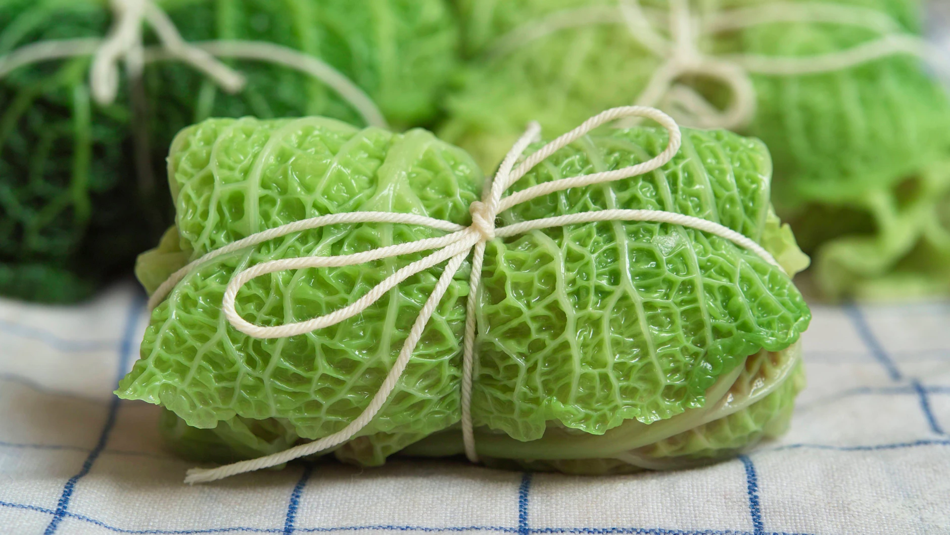 Die Wirsingwickel werden mit Kochgarn zusammengewickelt.