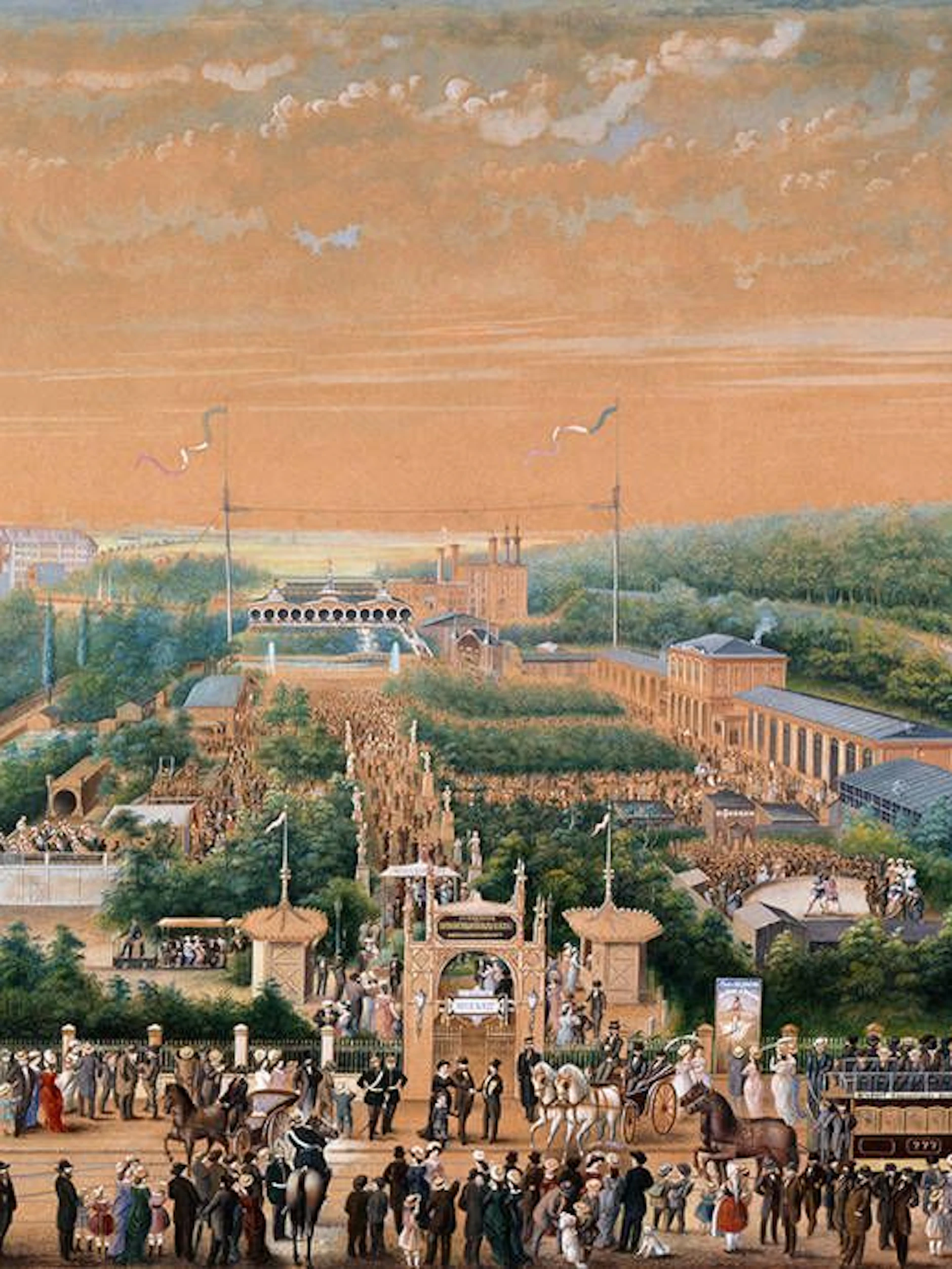 Das Gemälde von K. Steinberg von 1881 zeigt den Vergnügungspark Neue Welt – angrenzend an die Hasenheide.