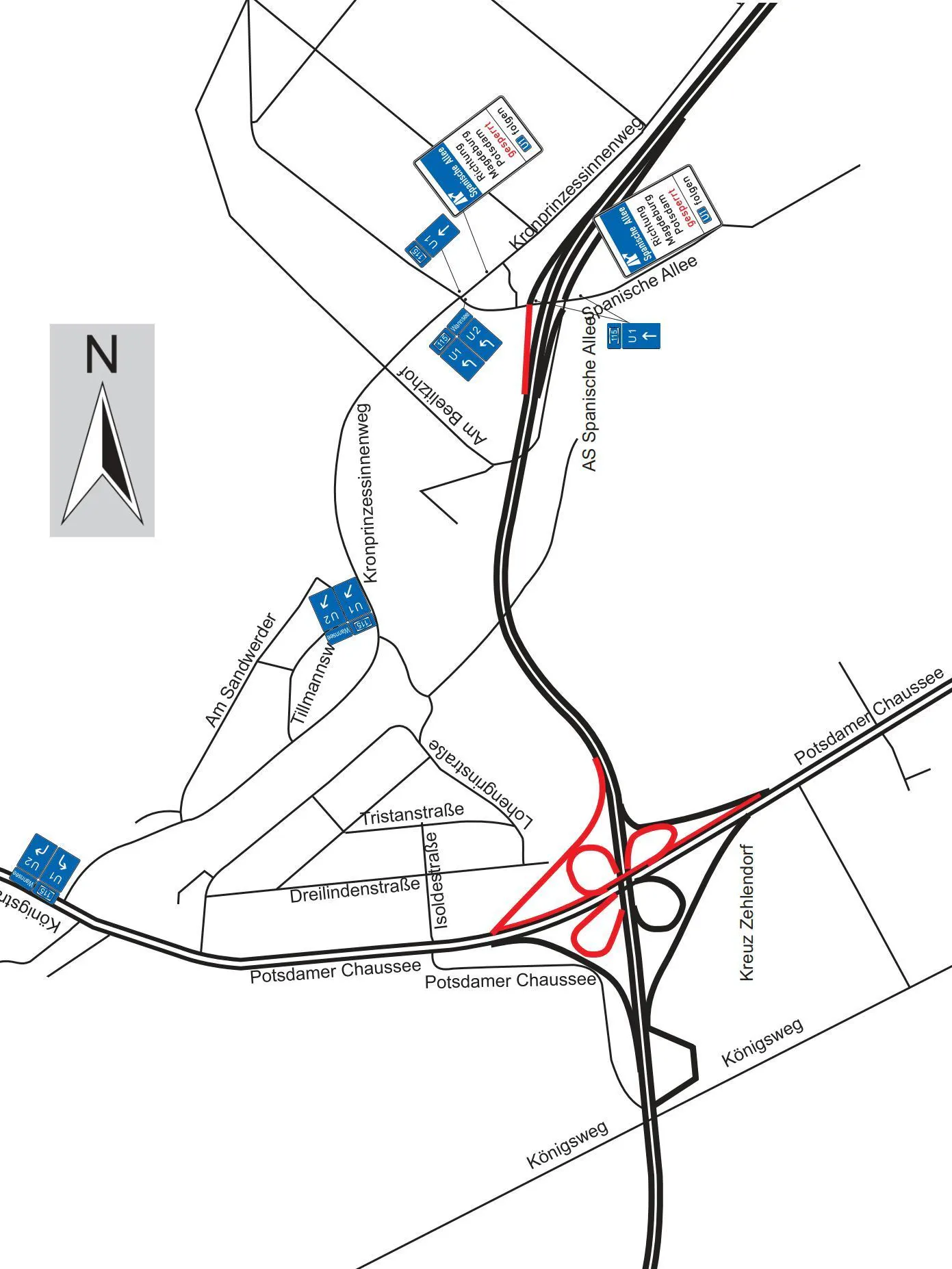 An der A115: Das ist die Übersicht über die gesperrten Zu- und Abfahrten (rot dargestellt) sowie die eingerichteten Umleitungen.