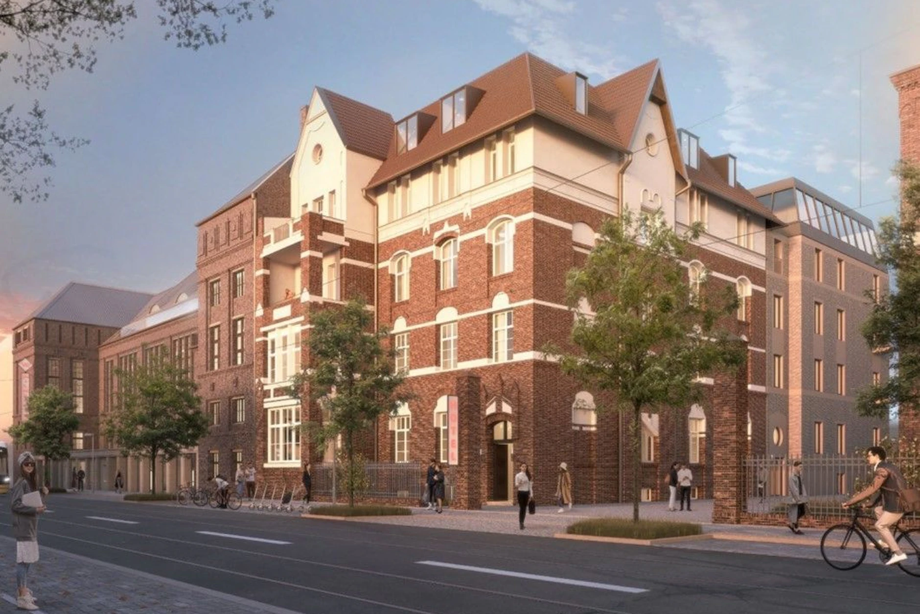 Flankiert wird das Wohlfahrtsgebäude rechts von einem im Stil des Historismus gebauten Haus, in dem Beamte und höhere Angestellte wohnten.