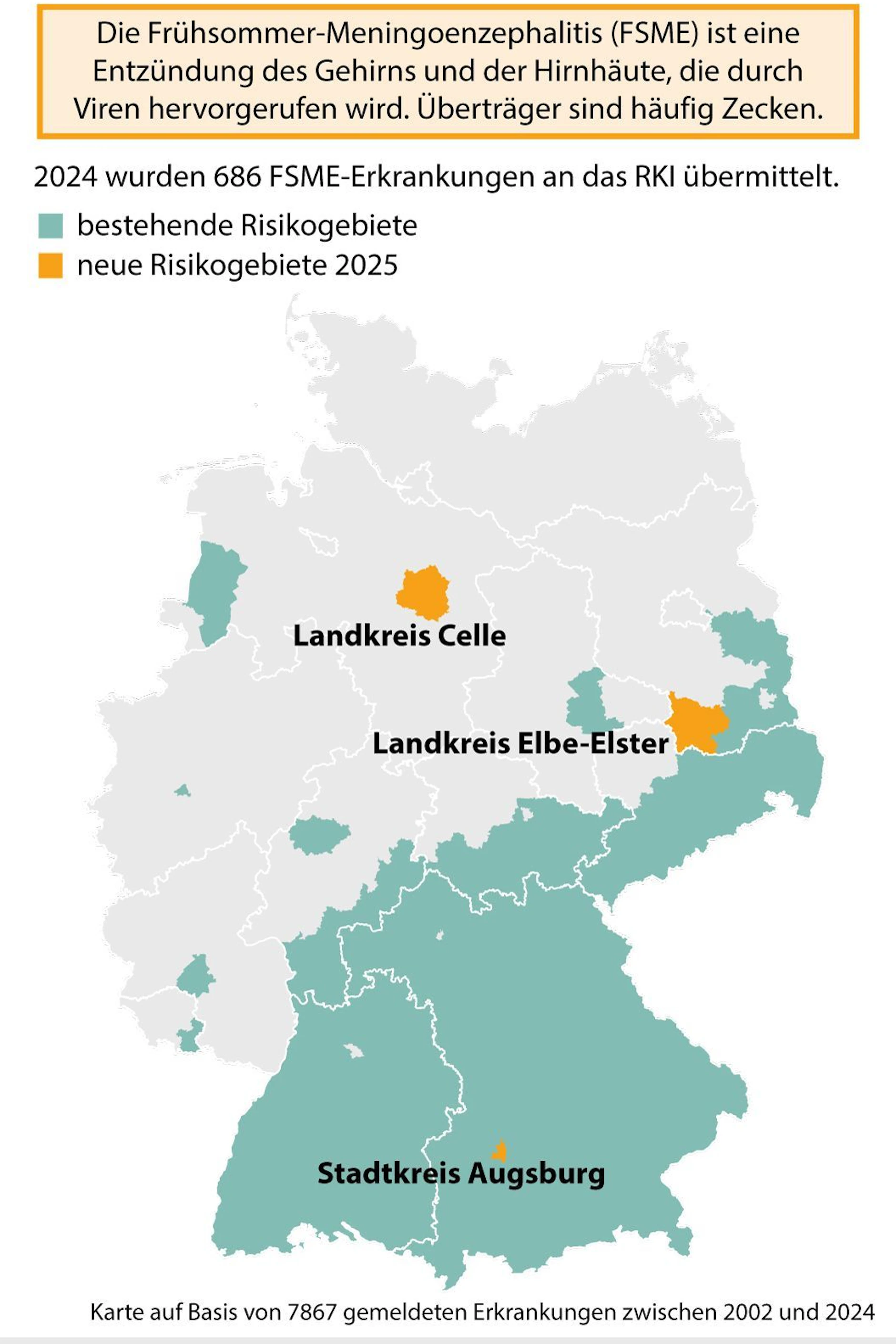 Die Grafik zeigt bestehende und neue FSME-Risiko-Gebiete in Deutschland an. 