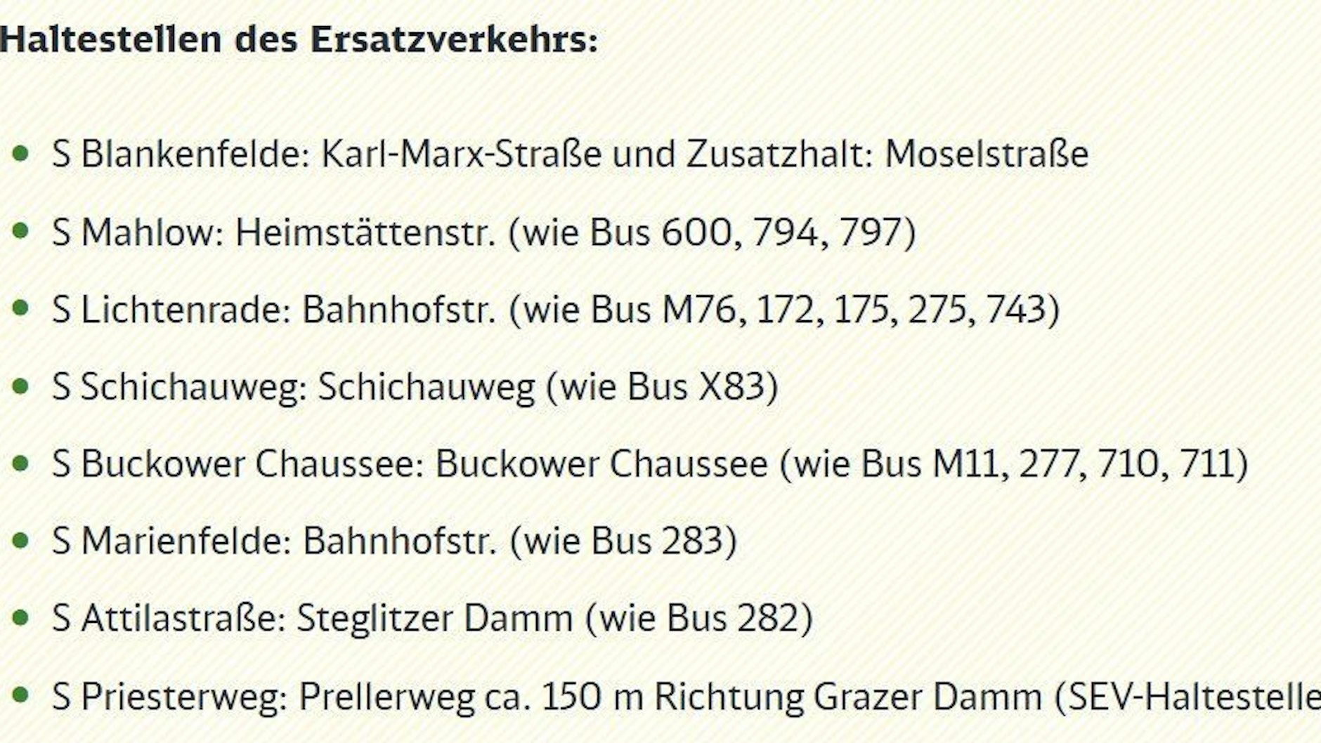 Zwischen Blankenfelde und Priesterweg fahren Busse mit diesen Haltestellen.