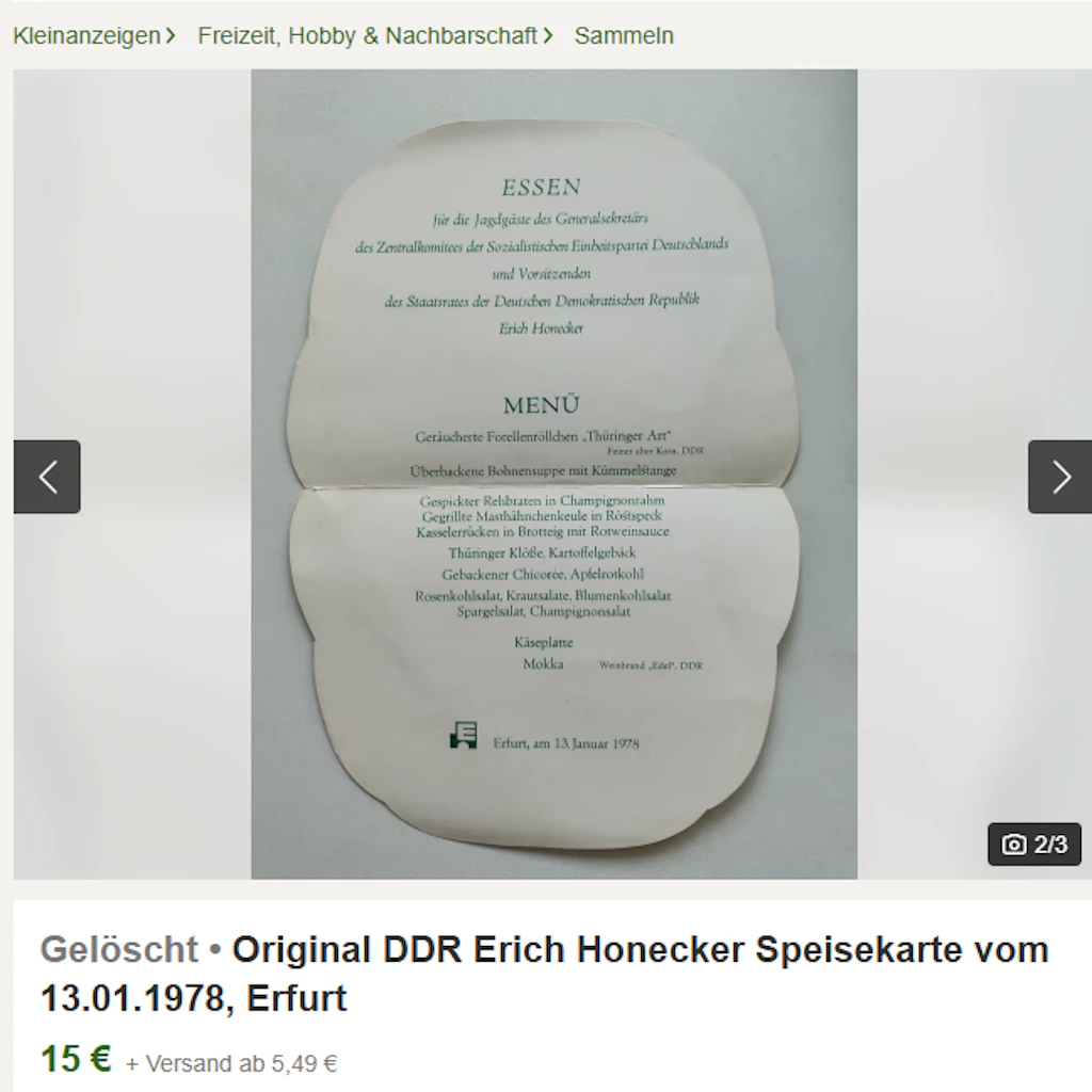 Nach der großen Jagd lud Erich Honecker seine Gäste noch zu einem opulenten Mahl an. Eine der Menükarten von damals wurde vor kurzem bei kleinanzeigen.de verkauft.  
