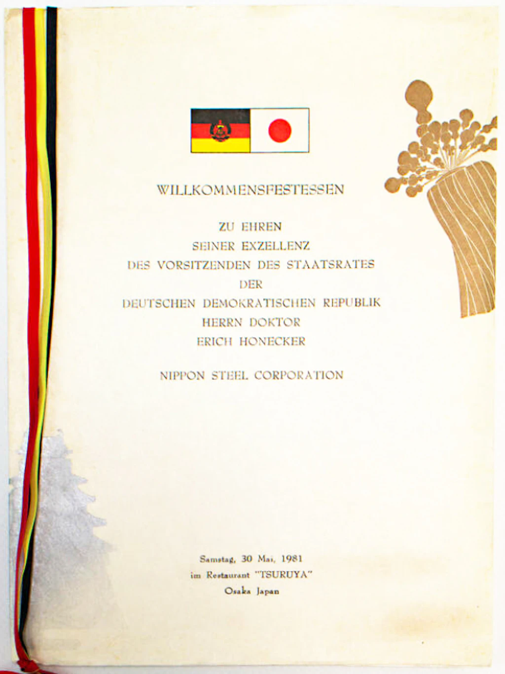 Die Menükarte anlässlich eines Staatsbesuchs von Erich Honecker in Japan.
