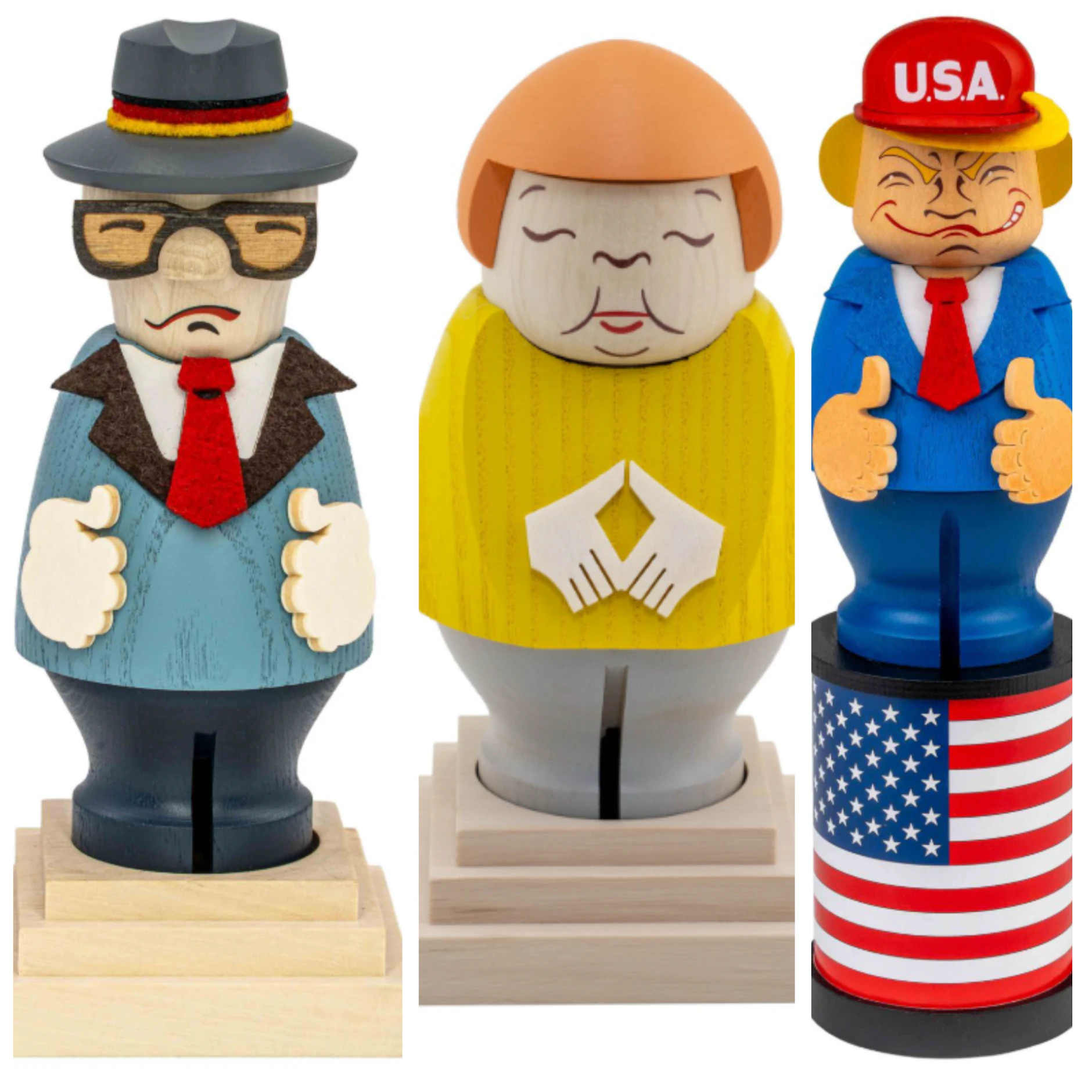 Holzkunst aus der Seiffener Volkskunst eG: Erich Honecker, Angela Merkel und Donald Trump als Räuchermännchen.