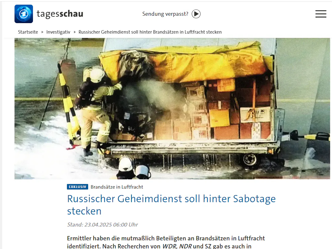 „Russischer Geheimdienst soll hinter Sabotage stecken“: So berichtet die Tagesschau über die Brandanschläge und zeigt ein Foto, das kurz nach dem Entflammen des DHL-Pakets in Leipzig entstand.
