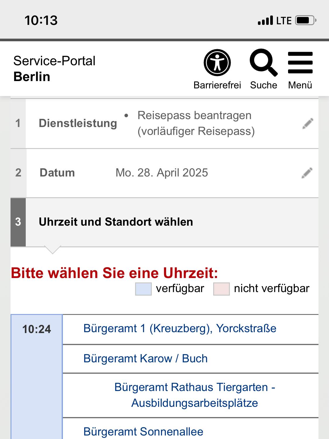 Um 10.13 Uhr war die Terminvergabe für die Berliner Bürgerämter noch übers Smartphone zu erreichen.