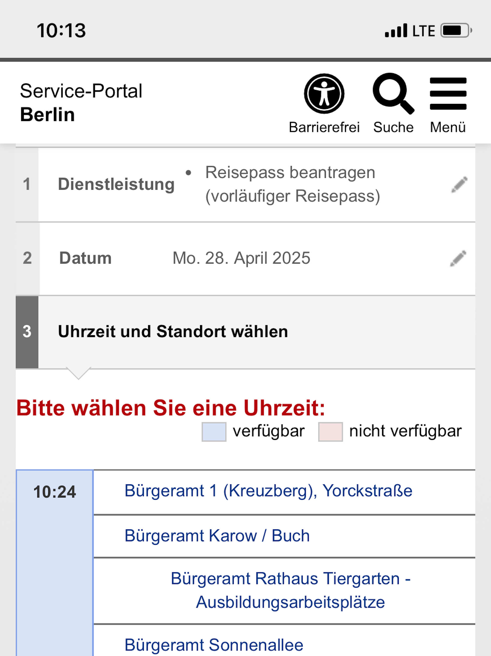 Um 10.13 Uhr war die Terminvergabe für die Berliner Bürgerämter noch übers Smartphone zu erreichen.