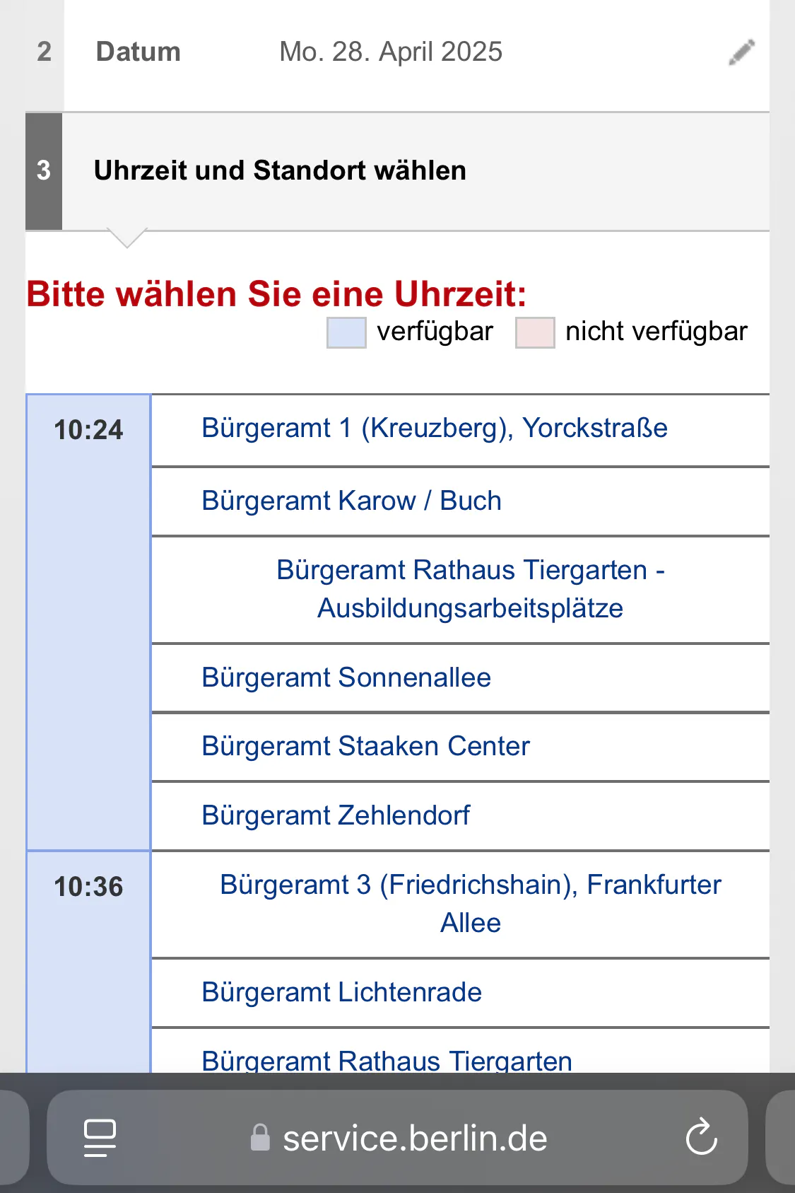 Um 10.13 Uhr waren am Montag mehrere freie Bürgeramt-Termine zu buchen.