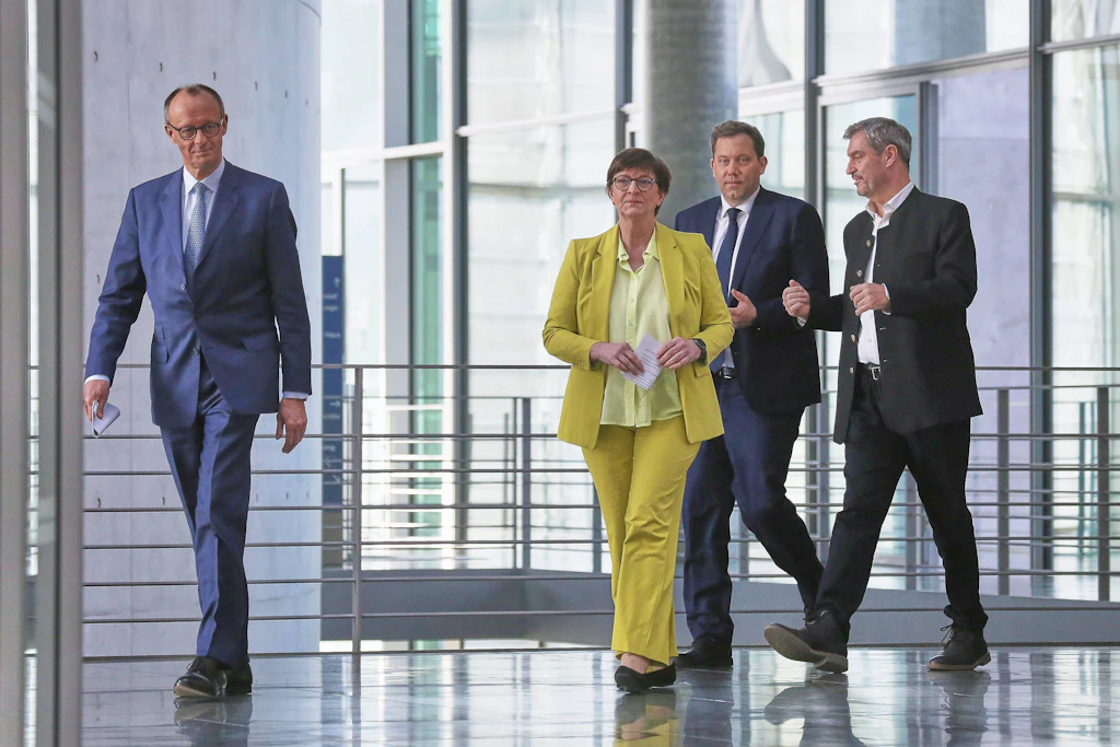 Merz, Esken, Klingbeil und Söder während der Koalitionsverhandlungen