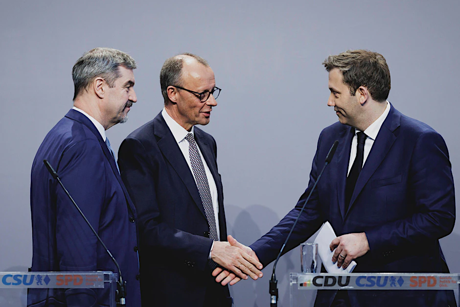 Markus Söder, Friedrich Merz und Lars Klingbeil bei der Vorstellung des Koalitionsvertrages