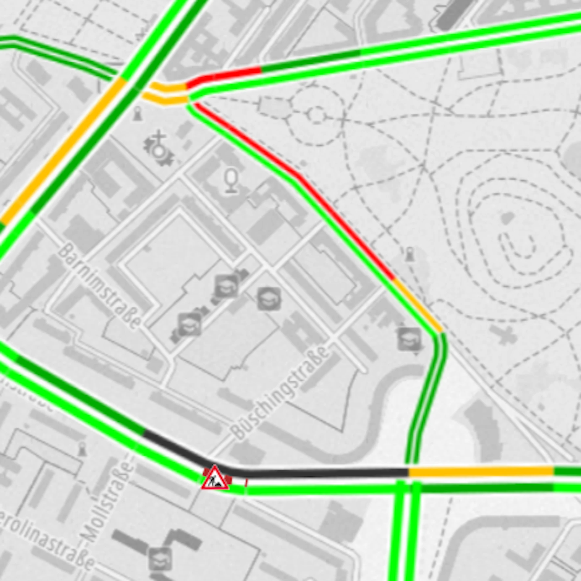 Die Mollstraße (schwarz markiert) ist seit der Nacht für Autos gesperrt, in der Friedenstraße kommt es am Morgen zu Staus. Der rote Streifen zeigt die Länge des Staus um 7.15 Uhr an.