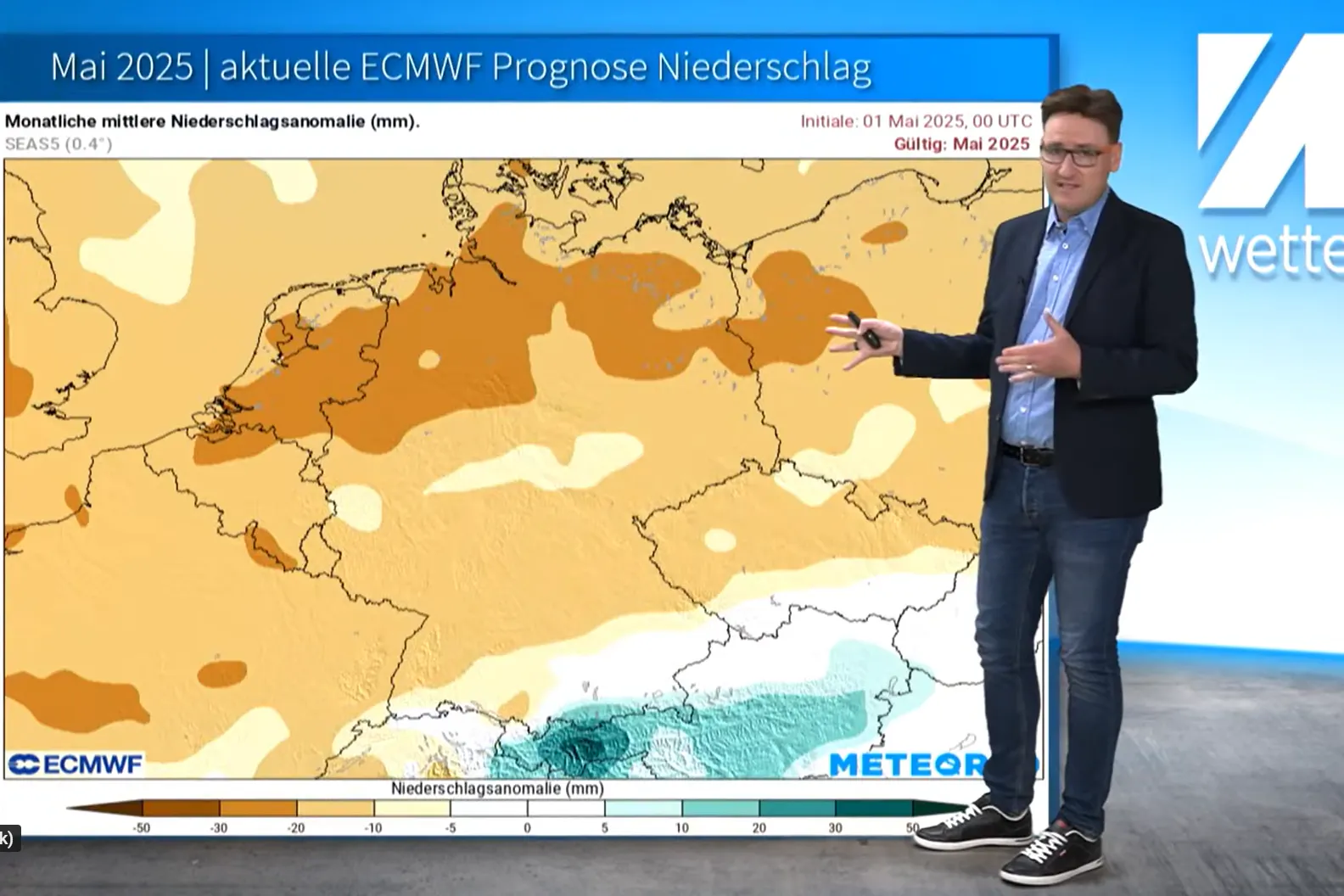 Je dunkler die Brauntöne, desto trockener wird der Mai: Meteorologe Dominik Jung erklärt die zu erwartenden Niederschläge nach dem europäischen Wettermodell.