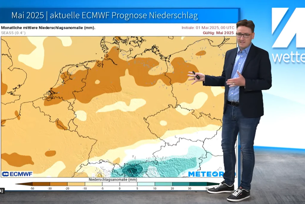 Je dunkler die Brauntöne, desto trockener wird der Mai: Meteorologe Dominik Jung erklärt die zu erwartenden Niederschläge nach dem europäischen Wettermodell.