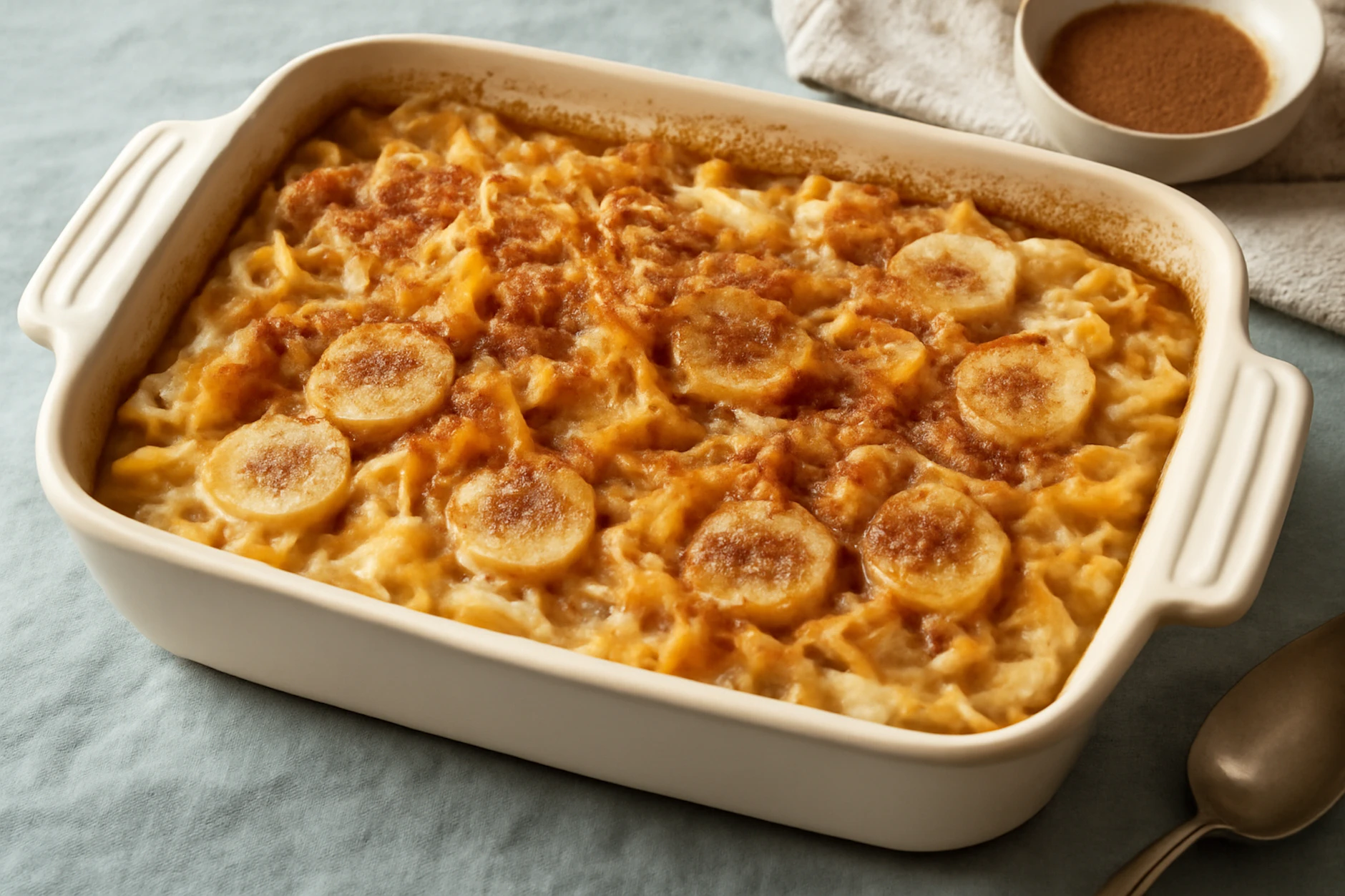 Die süßen Nudeln mit Bananen werden mit Zucker und Zimt bestreut und im Backofen gebacken.