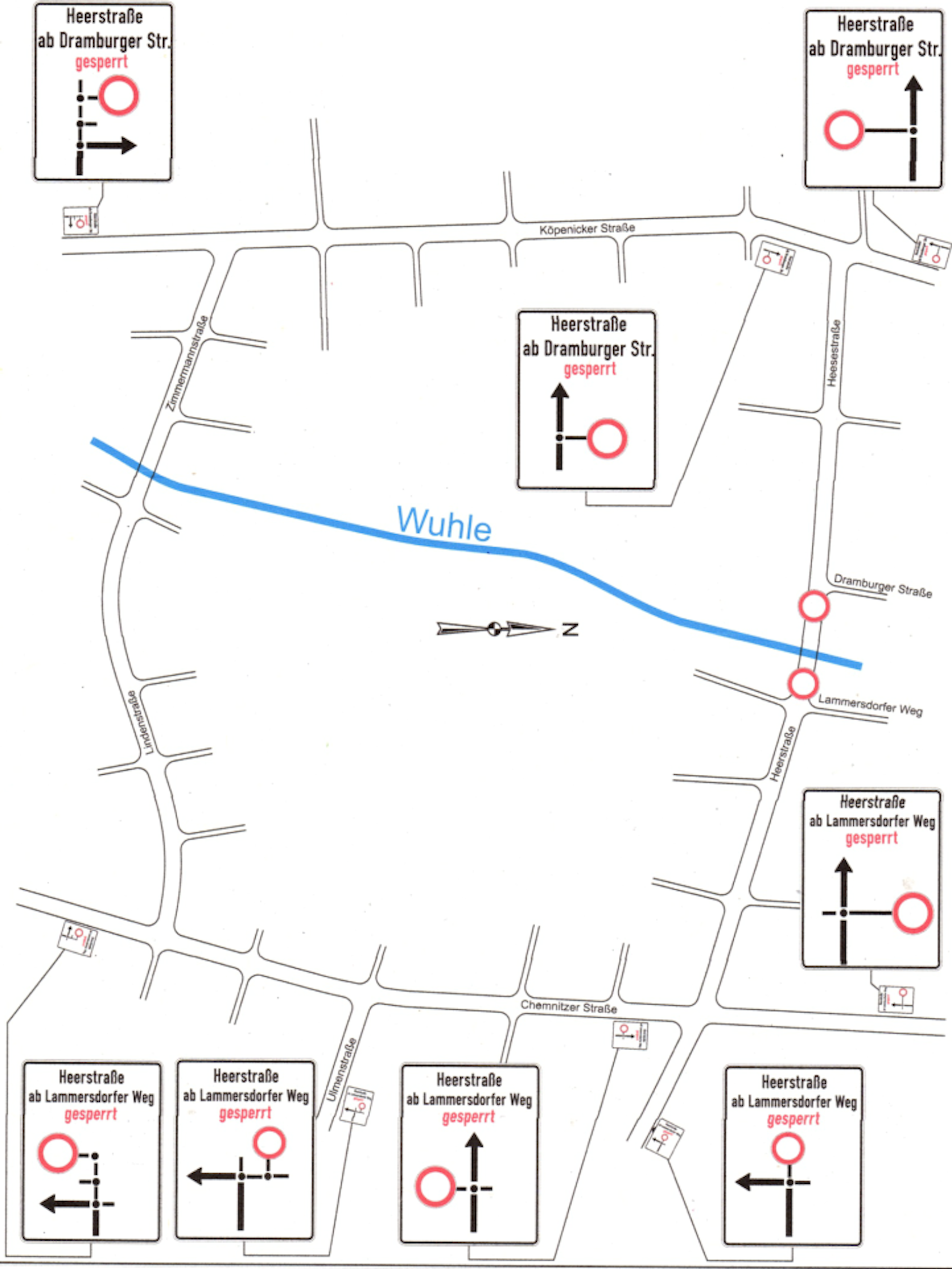 An diesen acht Stellen wird vor einer Einfahrt in die Hellersdorfer Heerstraße gewarnt.
