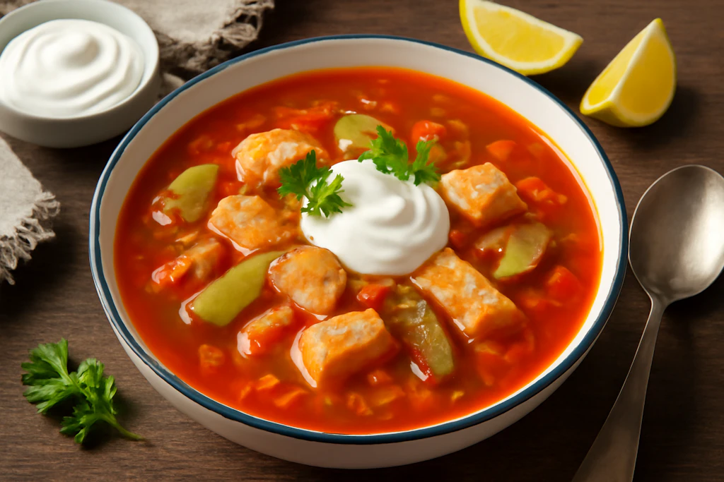 Ganz zum Schluss wird die Fischsoljanka mit einem Schuss saurer Sahne verziert.