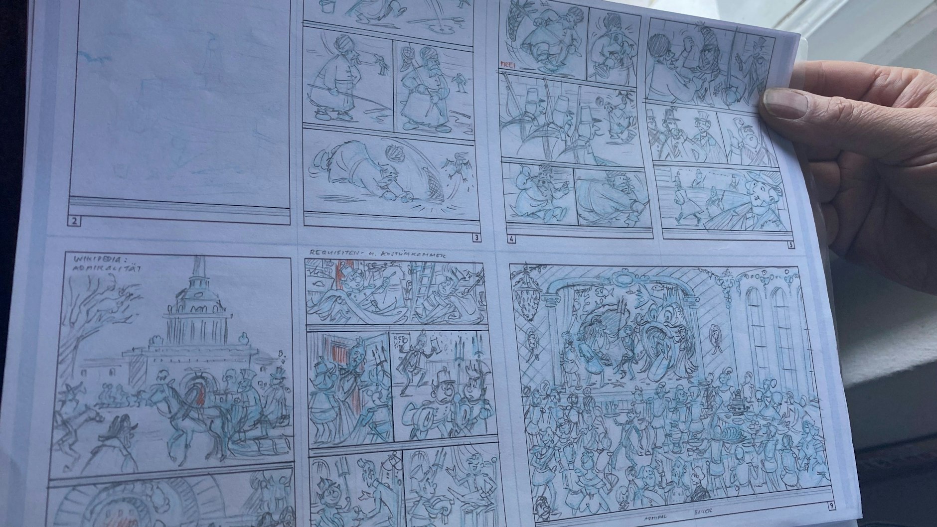 Die ersten groben Entwürfe der Zeichnungen, die Ulf S. Graupner für das verschollene „Mosaik“-Heft machte. In dem gefundenen Manuskript gab es keine Anweisungen für die Bildergeschichte.