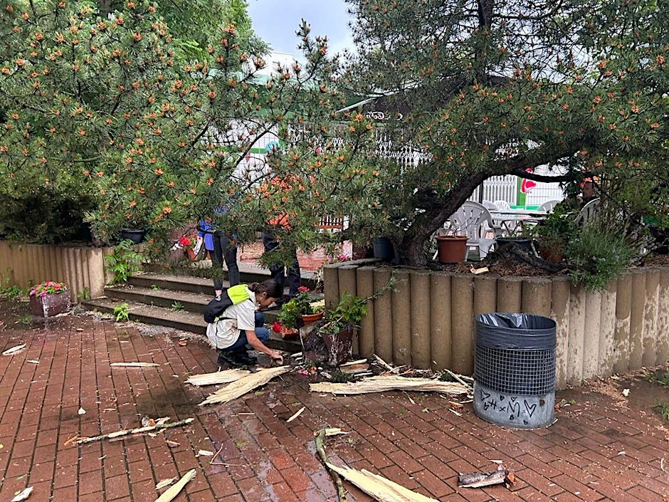 Blitzeinschlag im Prinzenbad: Holzsplitter fliegen durch die Luft.