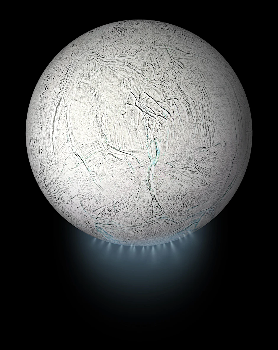 Enceladus mit einer Wolke aus Eispartikeln, Wasserdampf und organischen Molekülen in der Südpolregion