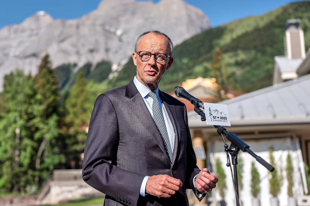 Bundeskanzler Friedrich Merz während eines Statements beim G7-Treffen in Kanada