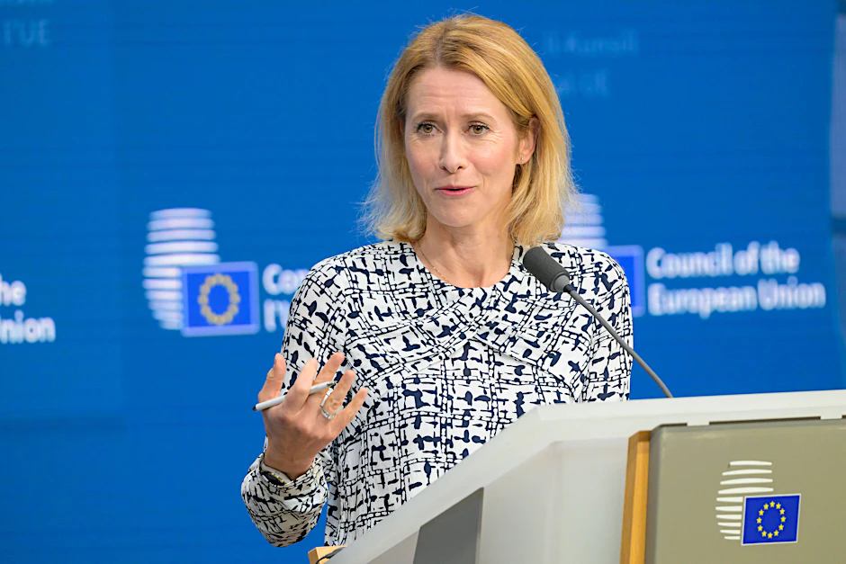 Kaja Kallas während der Pressekonferenz am Dienstag in Brüssel.